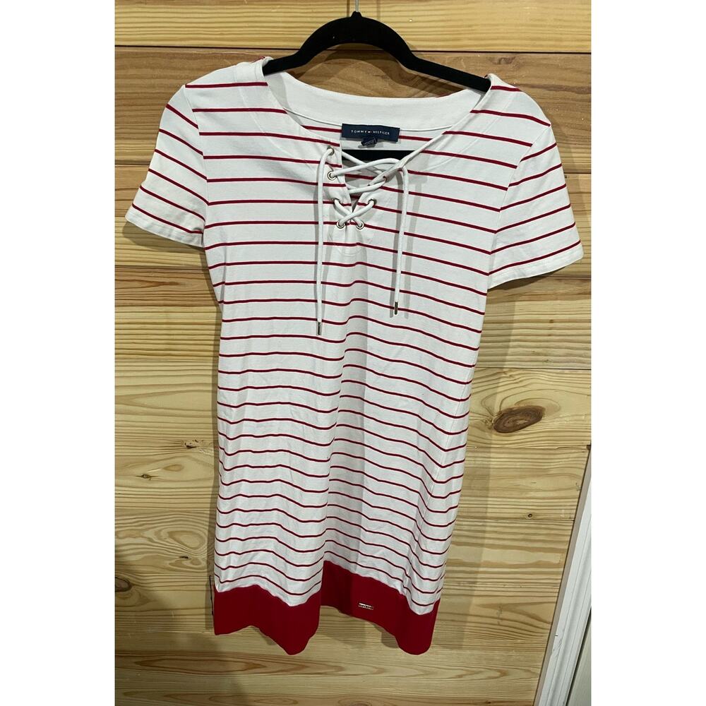 Tommy Hilfiger Red White Stripe Lace-Up T-Shirt Dress Coastal Nautical, Small - Picture 2 of 8
